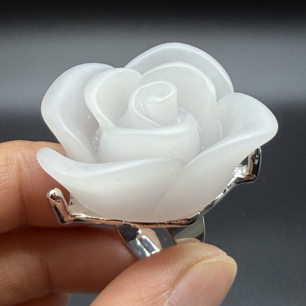 White Jade Rose Ring Adjustable Silver Flower Statement Cocktail Fashion Jewelry